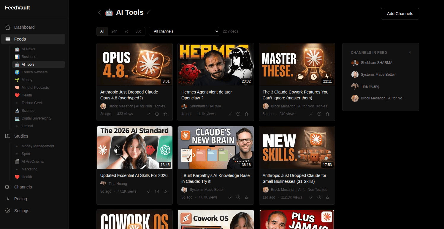 FeedVault feed view: chronological YouTube uploads from chosen channels, Shorts blocked.