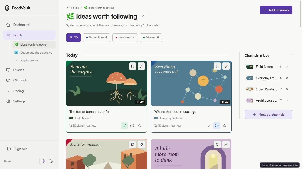 Feedvault Feeds in light appearance: the Ideas worth following Feed, with chronological video cards, channel list, and colored status outlines