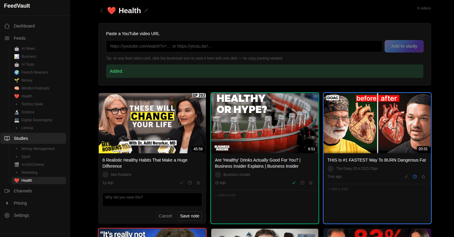 A Feedvault study named Health: a URL input for saving videos, saved video cards, and a free-text note field on each one.